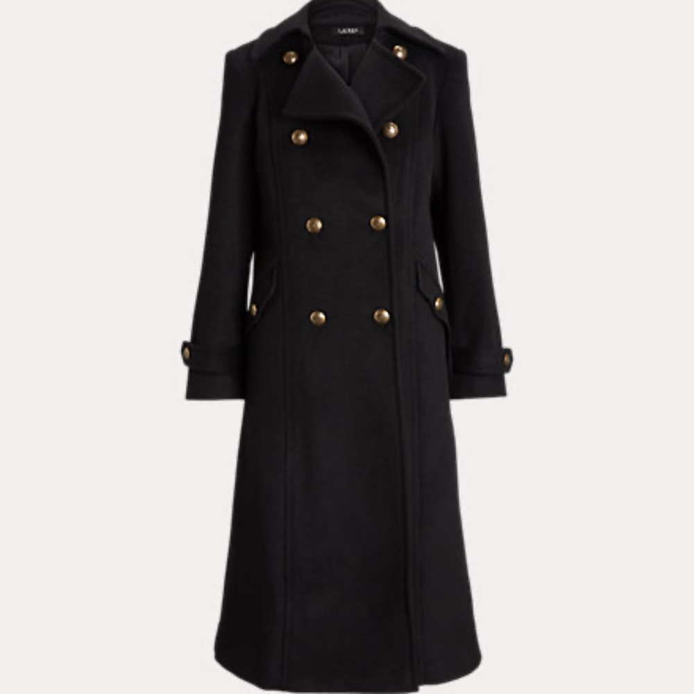 Ralph Lauren black Wool Blend Double breast coat Woman size 18. Brand new .